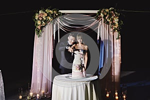 A bride and a groom is cutting their wedding cake. beautiful cake. nicel light. wedding concept