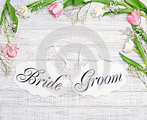 Bride and groom decoration boards with floral frame