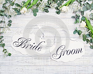 Bride and groom decoration boards with floral frame