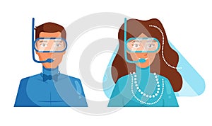 Bride and groom in diving suits. Underwater wedding Vector. Cartoon. Isolated art on white