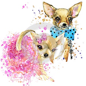 Bride and groom dog T-shirt graphics. mini dog illustration with