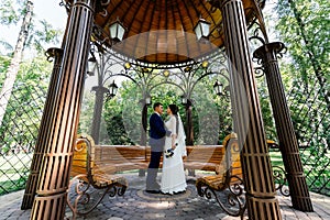 Bride and groom embrace and look at each other in the arbour. Couple in love at wedding day in the park