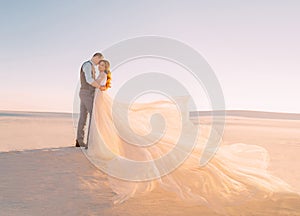 The bride and groom embrace in the warm sunshine at sunset. A beautiful, long train is blowing in the wind. Fine art