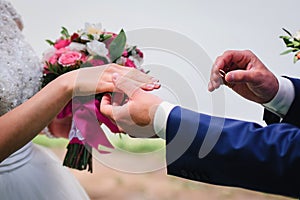 Bride and groom exchanged gold wedding rings