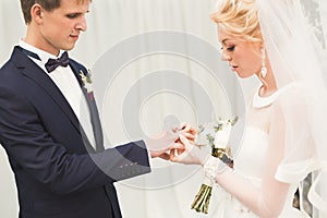 Bride and groom exchanging wedding rings. Stylish couple official ceremony