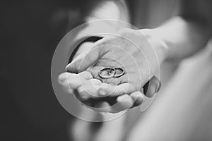 Bride and groom exchanging wedding rings. Stylish couple official ceremony