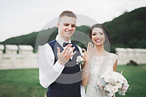 Bride and groom exchanging wedding rings. Stylish couple official ceremony