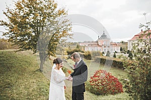 Bride and groom exchanging wedding rings. Stylish couple official ceremony