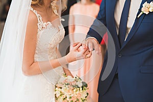 Bride and groom exchanging wedding rings. Stylish couple official ceremony