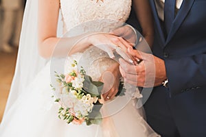 Bride and groom exchanging wedding rings. Stylish couple official ceremony