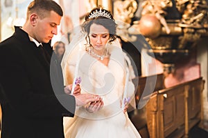 Bride and groom exchanging wedding rings. Stylish couple official ceremony