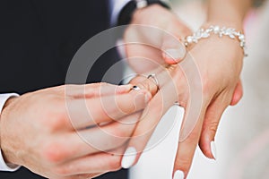 Bride and groom exchanging wedding rings. Stylish couple official ceremony