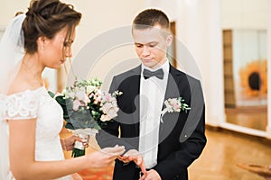 Bride and groom exchanging wedding rings. Stylish couple official ceremony