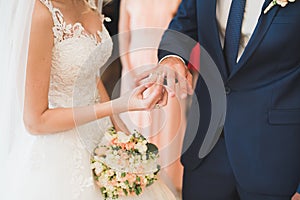 Bride and groom exchanging wedding rings. Stylish couple official ceremony