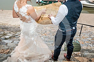 Bride and groom exploring the map