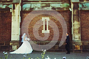 Bride and groom go to each other along an old brick wall