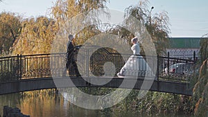 The bride and groom go towards each other on the bridge at the pond