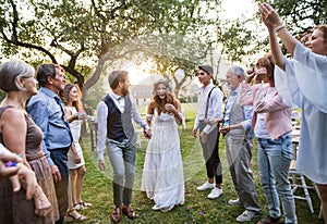 Bride, groom and guests at wedding reception outside in the backyard.