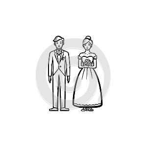 Bride and groom hand drawn sketch icon.