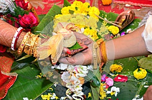 THE BRIDE & THE GROOM HANDS ATTACHED WITH EACH OTHER .