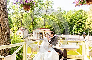 Bride and groom having a romantic moment on their