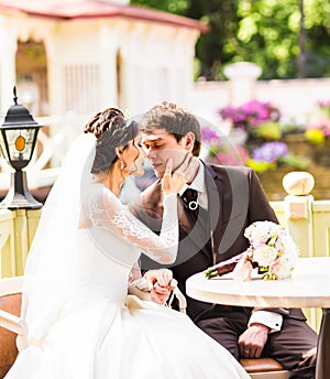 Bride and groom having a romantic moment on their