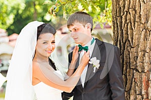 Bride and groom having a romantic moment on their