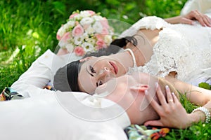 Bride and groom having a romantic moment on their wedding