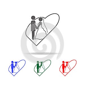 the bride and groom in the heart icons. Elements of wedding in multi colored icons. Premium quality graphic design icon. Simple ic