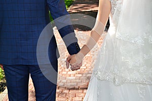 The bride and groom hold each other& x27;s hand