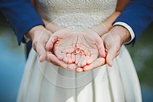 Bride and groom hold rings in their palms. Wedding