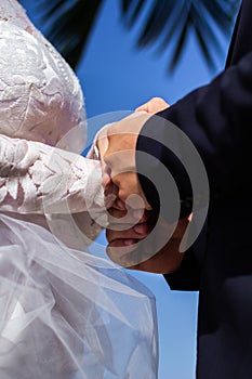 Bride and groom holding hands together on a sky background