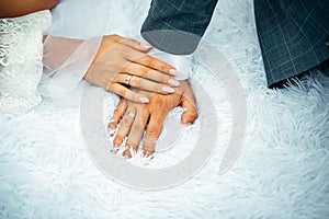 Bride and groom holding hands with woman`s hand on man`s hand with wedding rings, close up. Hands newlyweds in wedding day