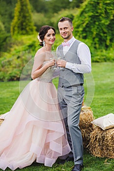 Bride and groom holding wine glasses