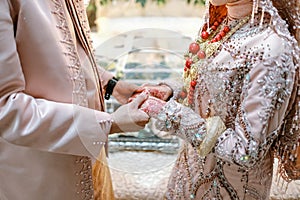 A bride and Groom holdings hand together