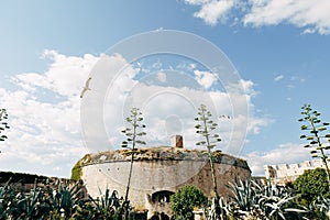 bride and groom are hugging in the Arza fortress on the Mamula island