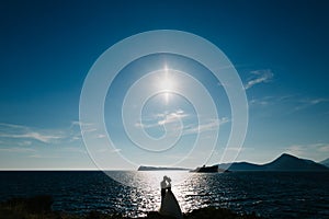 Bride and groom are hugging on the beach of the Mamula island against the backdrop of the Arza fortress at the sunset