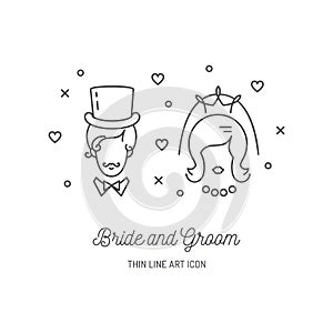 Bride Groom Icons Wedding couple signs. Love line art design, Vector illustration