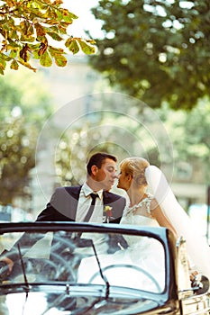 Bride and groom kiss under green tree branches sitting in a black cabriolet