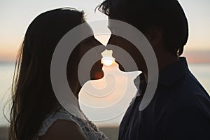 Bride and groom kisses tenderly. Sexy kissing stylish couple of lovers close up portrait.