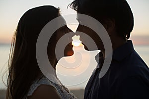 Bride and groom kisses tenderly. Sexy kissing stylish couple of lovers close up portrait.