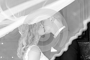 Bride and groom kisses tenderly in the shadow of a flying veil. Artistic black and white wedding photo.
