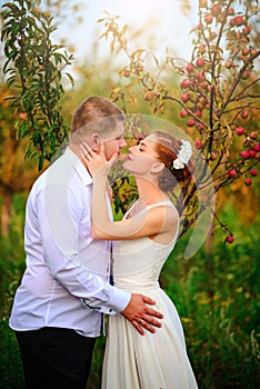 The bride and groom are kissing in the apple orchard, standing u
