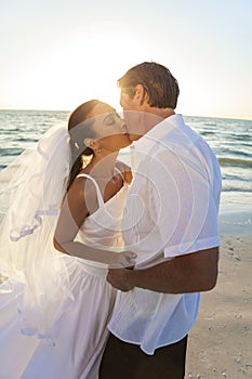 Bride & Groom Kissing Couple Sunset Beach Wedding