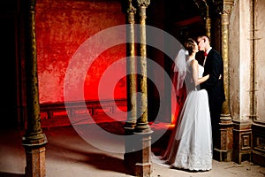 Bride and groom kissing in the old palace.