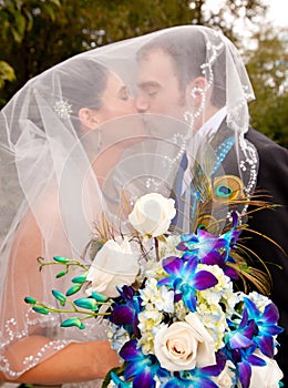 Bride and groom kissing under veil