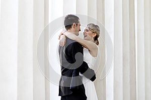 Bride and groom laughing