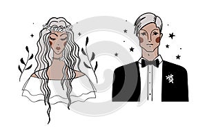 Bride and groom line icons, girl in dress and guy in suit, characters for wedding invitation design, scrapbooking in