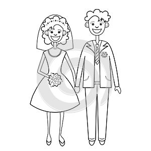 Bride and groom linear black and white drawing, silhouette, coloring, outline cartoon character, vector illustration. Newlyweds