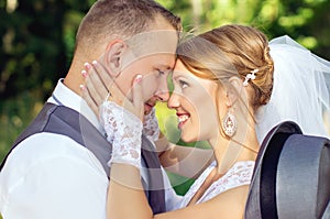 Bride and groom looking into the eyes